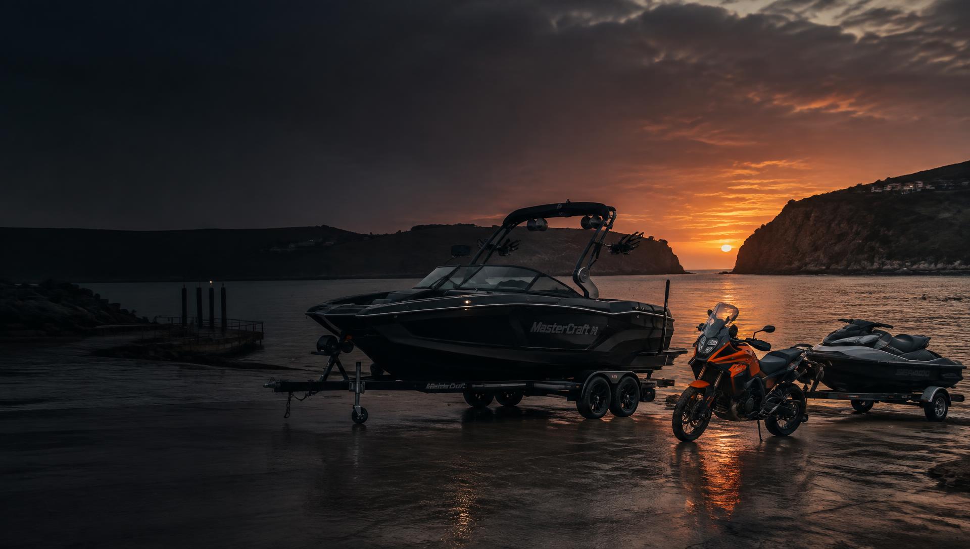 Ski boat, adventure motorcycle and jet ski on a South African slipway at sunset
